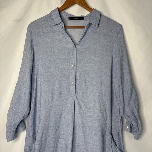 Zara Basics Women's L Chambray Roll up 3/4 Sleeves‎ Tunic Blue Shirt Dress - Picture 2 of 7